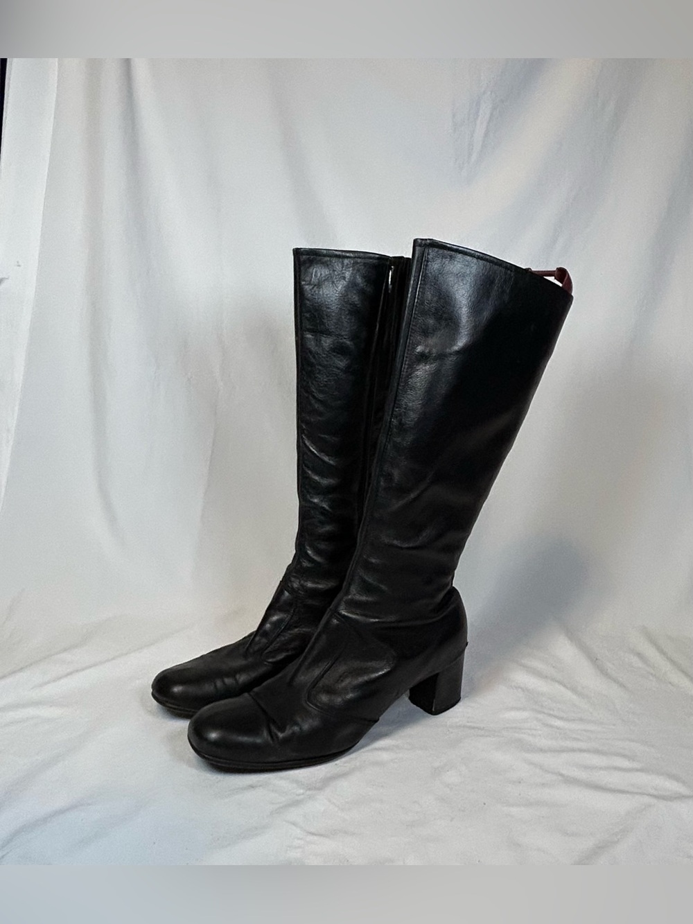 Vintage Retro 70s Black Leather Zip Up Riding Knee High Go Go Boots~8.5~